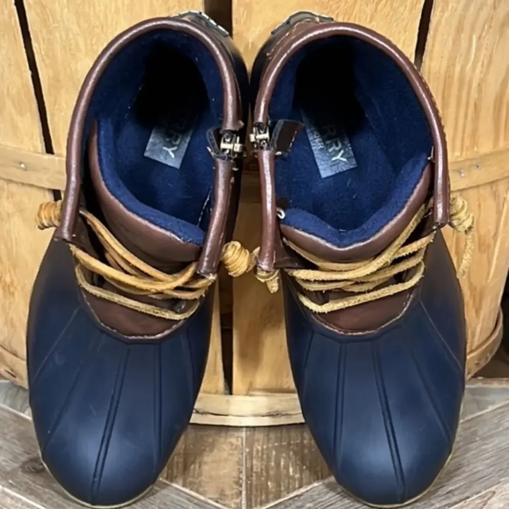 Sperry Saltwater Navy Brown Leather Rubber Waterproof Duck Boots Girls Size 5